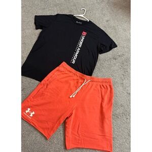 Mens Under Armour Short Sleeve Shirt and Shorts Set Bundle Black Orange XXL